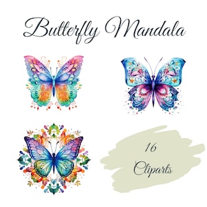 Conjunto de imágenes prediseñadas de Mandala de mariposa: 16 PNG de alta calidad, mariposas coloridas, descarga digital, fabricación de tarjetas, artesanías de papel digital