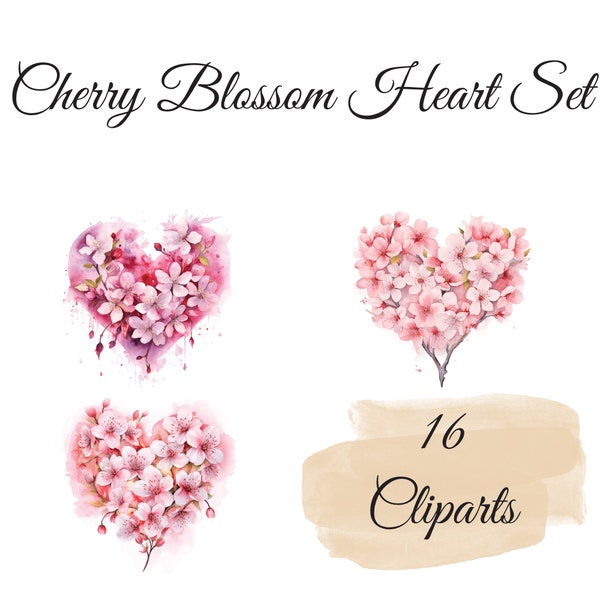 Romantische Kirschblütenherzen: 16 Aquarell-Cliparts, Blumenkränze PNG , Digital Planner, Frühlings Cliparts , Kartendesign
