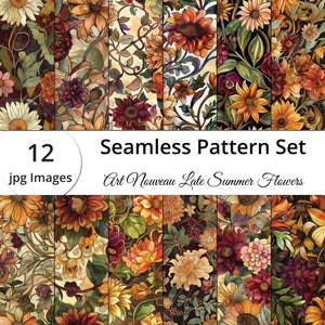 Op de afbeelding: Een set van 12 naadloze digitale patronen met Art Nouveau-stijl late zomerbloemen in tinten rood, oranje, geel en groen. De patronen zijn perfect voor gebruik in digitaal scrapbooken, knutselen en andere creatieve projecten.