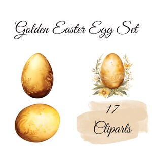 Luxuriöse Goldene Ostereier: 17 Aquarell-Cliparts für Elegante Festlichkeiten, Digitaler Download,Kartengestaltung, digitales Papierhandwerk