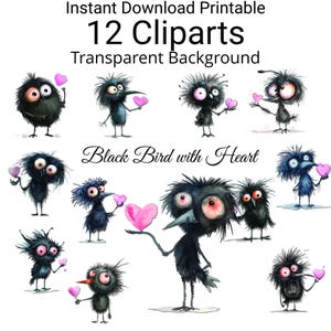 12 adorables pájaros negros de dibujos animados con corazones: perfectos para proyectos infantiles, invitaciones y decoraciones, scrapbooking y descargas digitales.