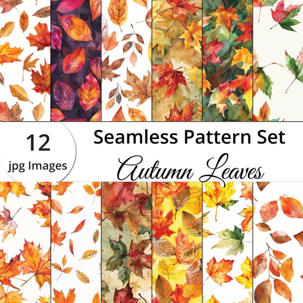 Autumn Magic: 12 Seamless Patterns with Autumn Leaves – Perfect for Seasonal Designs – Digital Papers, Watercolor Flowers, Digital Download