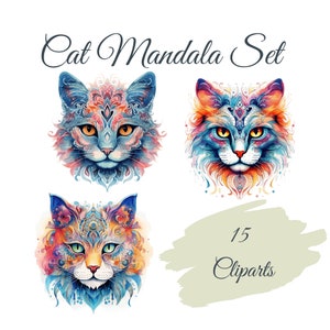 Cat Mandala Clipart Set : 15 PNG de haute qualité, Mandalas de chat, Téléchargement numérique, Fabrication de cartes, Artisanat en papier numérique