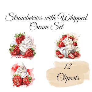 Fraises tentantes avec collection de cliparts à la crème fouettée - 12 illustrations à l’aquarelle pour les connaisseurs, planificateur numérique, journal, art mural