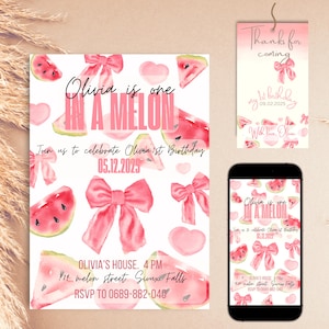 Modello di invito digitale per il 1° compleanno, 1° compleanno di una bambina, personalizzabile, festa per neonati, invito con grazioso fiocco rosa, invito a forma di melone.