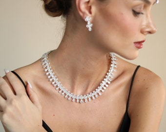 Crystal Bridal Jewelry Set: Silver Zircon Necklace, Earrings & Bracelet
