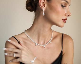 Conjunto de collar colgante de cristal, conjunto de collar nupcial de plata, conjunto Brautschmuck, joyería de boda, pendientes, conjuntos de joyas de boda, conjunto de joyería nupcial