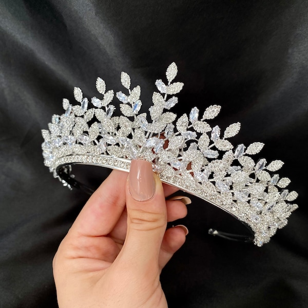 Swarovski Zircon, Wedding Leaf Crown, Leaf Rhinestone Bridal Tiara, Wedding Crown, Leaf Hair Accessory for Wedding, Bridal Crown