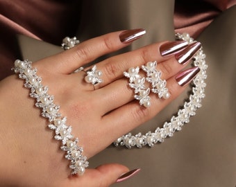 Pearl Wedding Jewelry Set: Crystal Necklace, Bracelet & Earrings