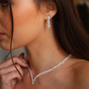 Può includere: Un set di collana e orecchini color argento caratterizzato da un delicato design a forma di foglia, composto da numerose piccole pietre chiare e scintillanti disposte a V per la collana e a goccia verticale per l'orecchino.