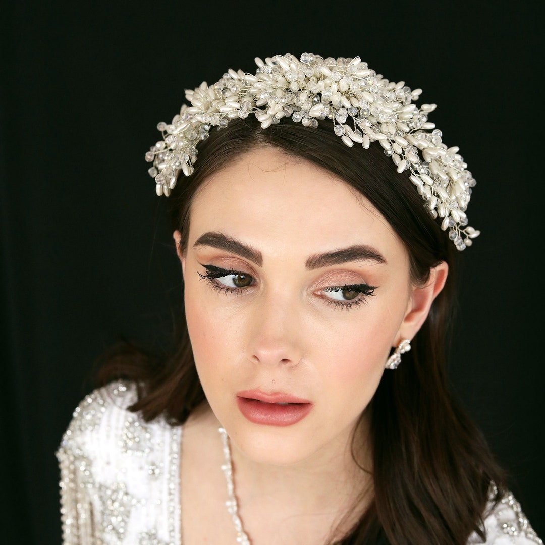 White Tiara, White Bridal Headband Bride, Tiara Headbands, Rhinestone