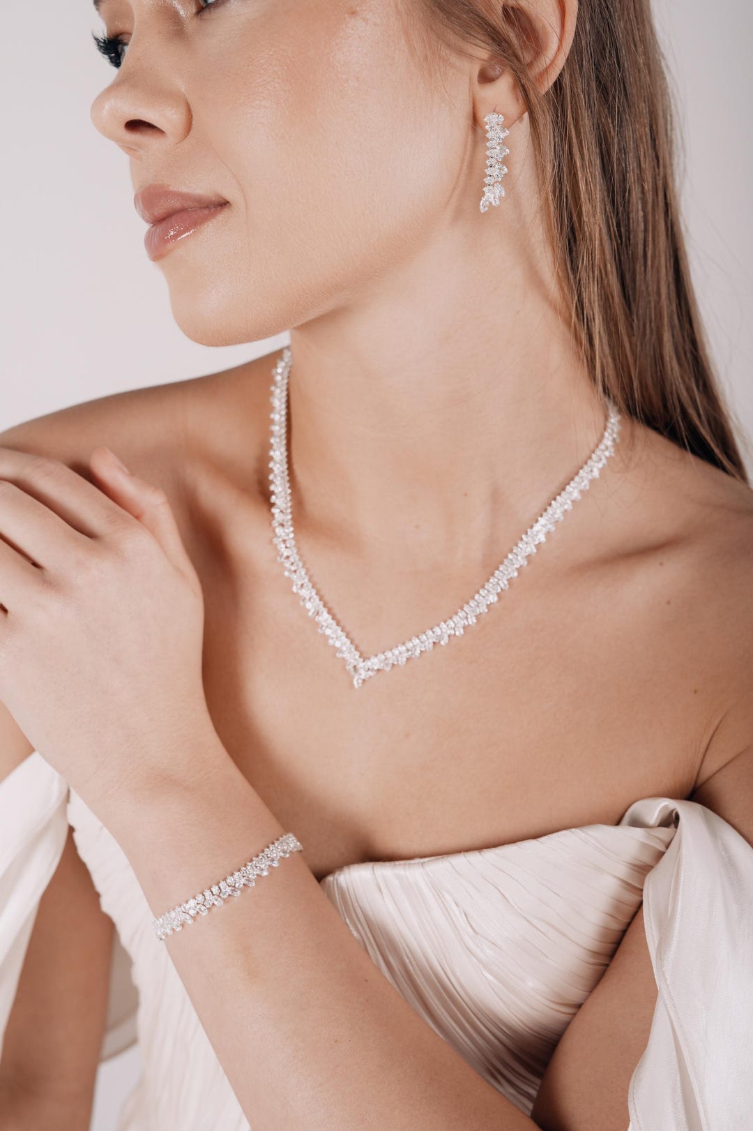 Conjunto de joias de cristal para noivas: colar, pulseira e