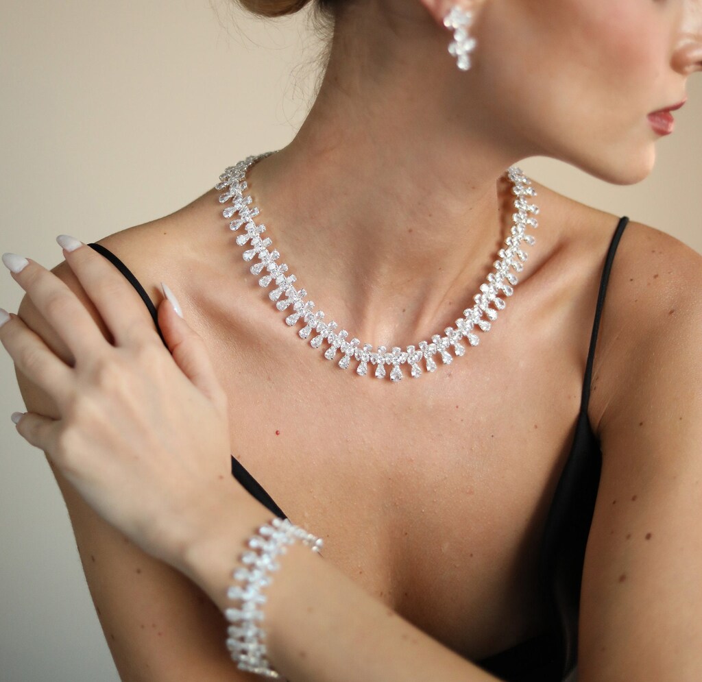 Set Gioielli In Cristallo Donna Argento, Collana 50cm, Bracciale E Orecchini, Per Matrimonio, Sposa, Festa
