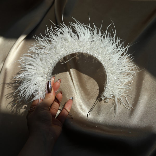 Bandeau de plumes blanches, accessoires de cheveux de mariage, ornements de cheveux de branches de diadèmes, véritable casque de plumes