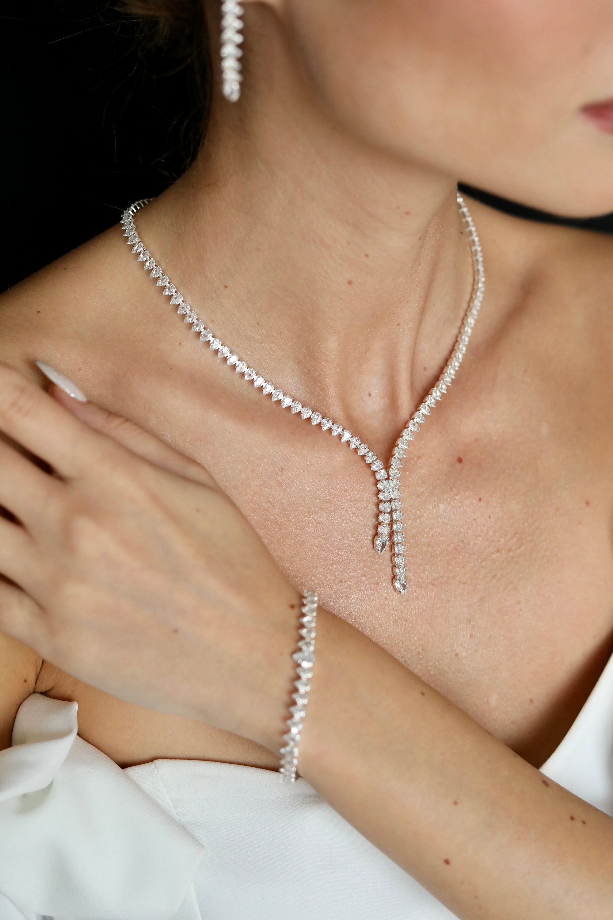 AWAVM Set Gioielli Sposa Strass • Collana, Braccialetto, Orecchini • Per Matrimonio E Ballo - Foto 7