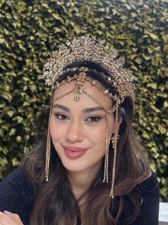 Gold Rhinestone Bridal Tiara: Leaf Hair Accessory - Etsy Israel display picture 2