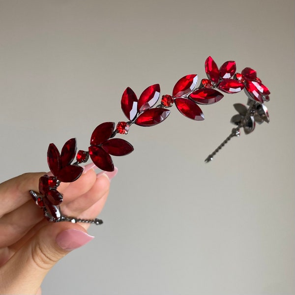 Red Leaf Bridal Headband, Leaf Hair Accessory for Wedding, Leaf Wedding Headband, Rhinestones, Bridal Headband