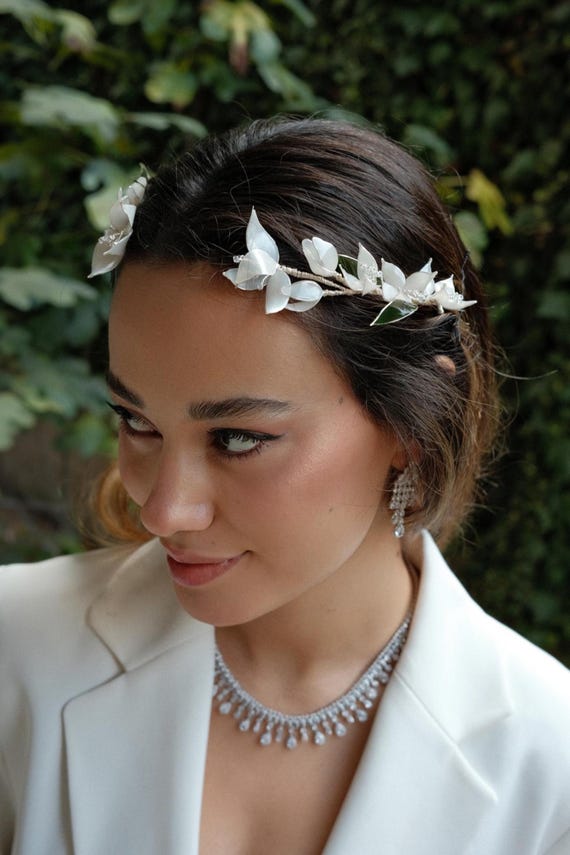 Wedding Headband Handmade Leaf Bridal Floral Sparkling Hair Accessory Amazon.com : SWEETV Leaf Wedding Headpieces for Bride Silver  main image 3