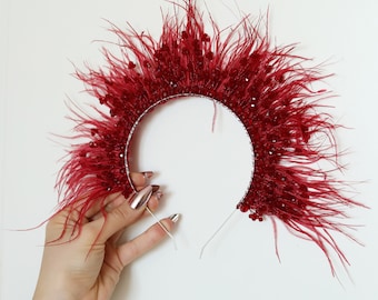 Red Feather Tiara Headband, Wedding Hair Accessories, Real Feather Headpiece, Bridal Headband