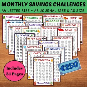Printable Savings Challenge: 34 Budget Planner Trackers (A4, A5, A6) (Digital Download)