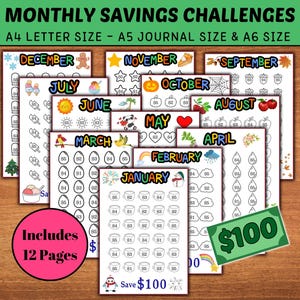 Monthly Printable Savings Challenge Trackers & Cash Envelopes | Save 100 Dollars Each Month | Budget Planner for Financial Goals