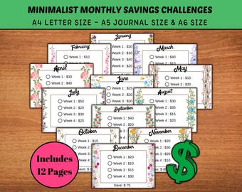 Minimalist Savings Challenge Printable: Monthly Money Saving Bundle (A6)