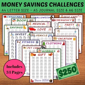 Printable Savings Challenge | Save 250 Dollars Per Page | Set Of 34 | A4, A5, A6 Size Trackers | Budget Planner for Financial Goals