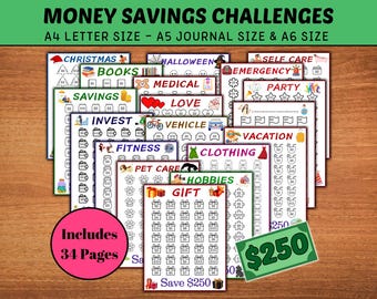 Printable Savings Challenge | Save 250 Dollars Per Page | Set Of 34 | A4, A5, A6 Size Trackers | Budget Planner for Financial Goals