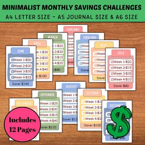 Minimalist A6 Savings Challenge Tracker: Monthly Money Saving Bundle (Digital Download)