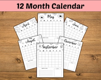 印刷可能な12ヶ月カレンダー - 月間プランナーページ（デジタルダウンロード）