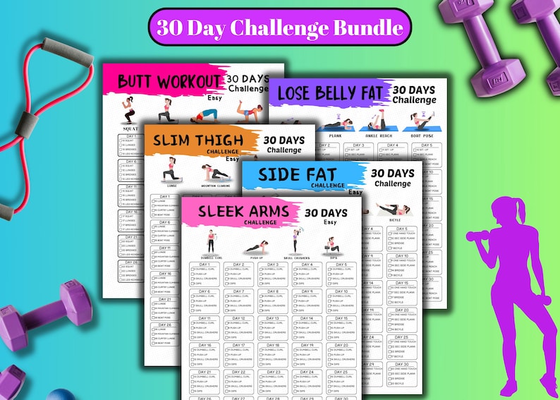 May include: A fitness-themed image featuring a bundle of 30-day challenge workout plans. The plans focus on butt workouts, losing belly fat, slimming thighs, side fat reduction, and sleek arms. Dumbbells and resistance bands are also visible.