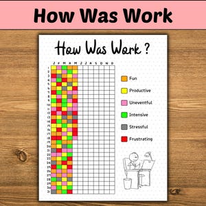 May include: A printable work log tracker with a grid for each day of the year. Color code each day based on how your work day went: fun, productive, uneventful, intensive, stressful, or frustrating.