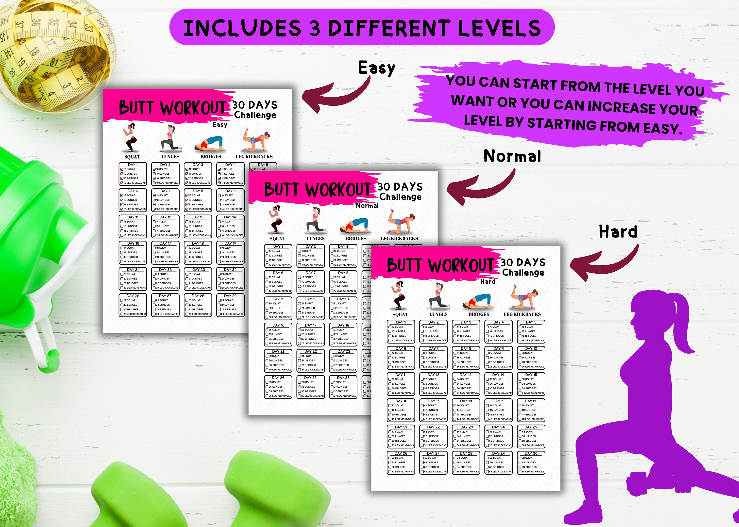 30 Day Butt Lift Challenge 3 Different Levels of Hip Raise Digital ...