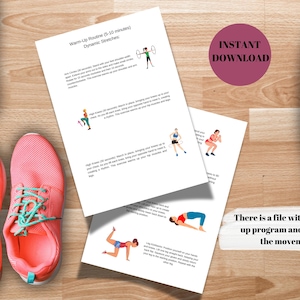 May include: A fitness-themed image featuring pink running shoes with teal laces, a water bottle, and a blue resistance band. Two sheets of paper display a warm-up routine with illustrations. A circular graphic reads "INSTANT DOWNLOAD".