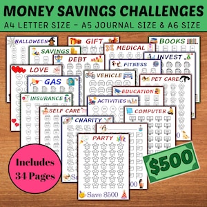 Printable Savings Challenge | Save 500 Dollars Per Page | Set Of 34 | A4, A5, A6 Size Trackers | Budget Planner for Financial Goals