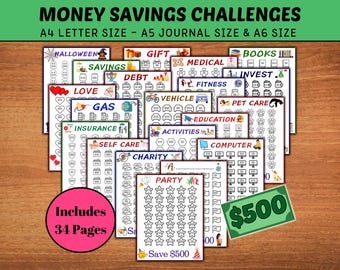 Printable Savings Challenge | Save 500 Dollars Per Page | Set Of 34 | A4, A5, A6 Size Trackers | Budget Planner for Financial Goals