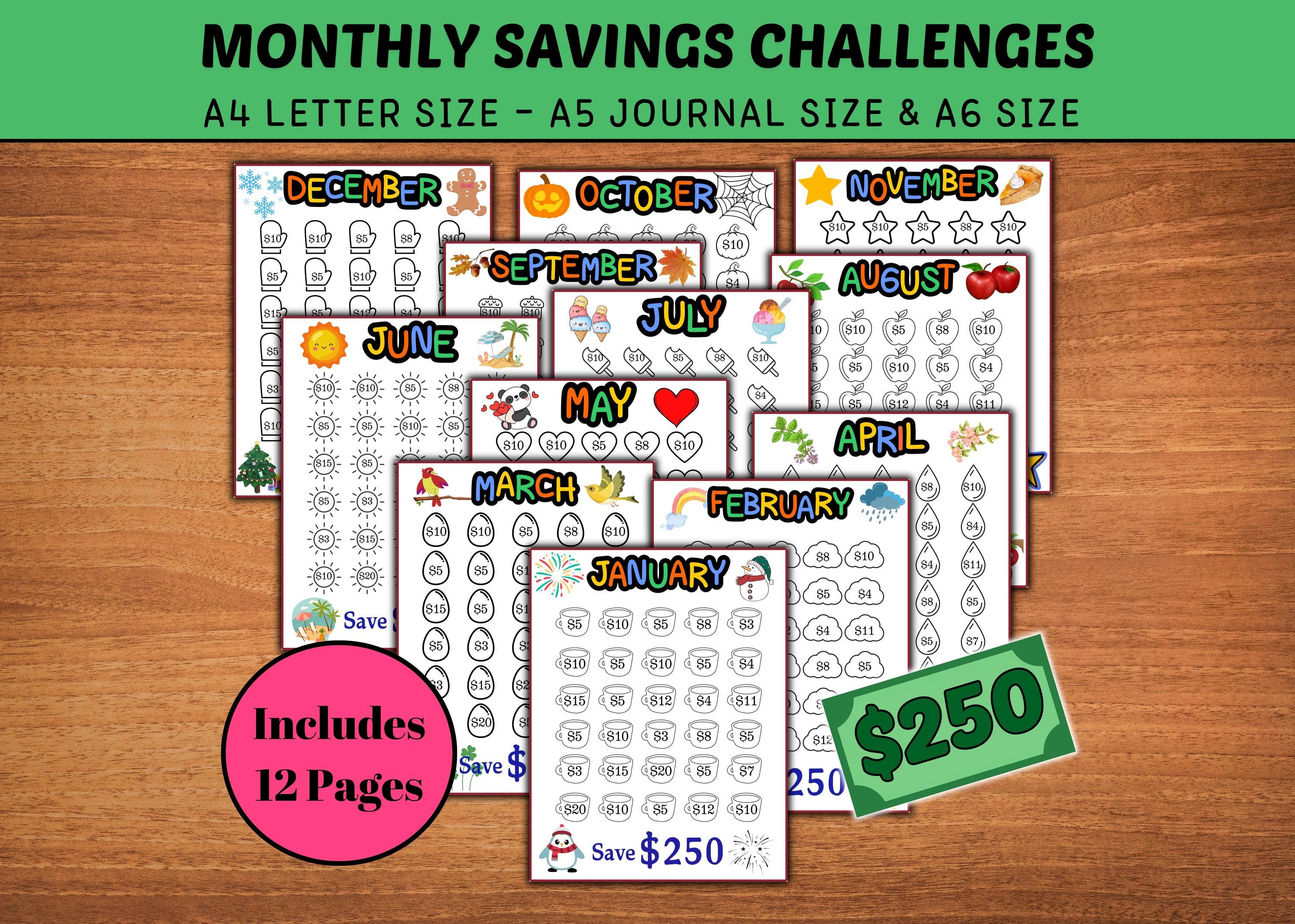 Monthly Printable Savings Challenge Trackers & Cash Envelopes | Save 250 Dollars Each Month | Budget Planner for Financial Goals