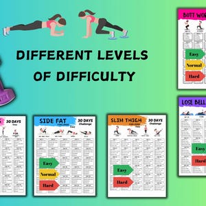 May include: Image features a fitness-themed design with the text "DIFFERENT LEVELS OF DIFFICULTY." It includes workout charts for various areas like Sleek Arms, Side Fat, and Butt Workout, each with "Easy," "Normal," and "Hard" levels. Two purple dumbbells are also visible.