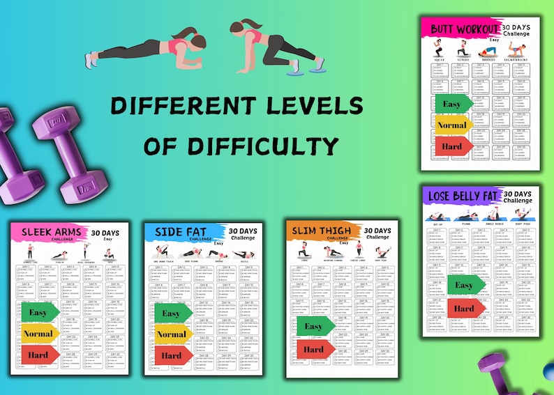 May include: Image features a fitness-themed design with the text "DIFFERENT LEVELS OF DIFFICULTY." It includes workout charts for various areas like Sleek Arms, Side Fat, and Butt Workout, each with "Easy," "Normal," and "Hard" levels. Two purple dumbbells are also visible.