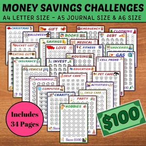 Printable Savings Challenge | Save 100 Dollars Per Page | Set Of 34 | A4, A5, A6 Size Trackers | Budget Planner for Financial Goals