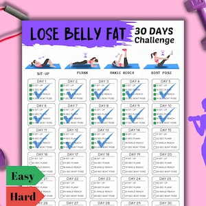 Puede incluir: Un gráfico de entrenamiento de 30 días para perder grasa del vientre imprimible con un fondo morado. El gráfico incluye cuatro ejercicios: abdominales, plancha, estiramiento de tobillo y postura de barco. Cada ejercicio tiene una rutina diaria durante 30 días. El gráfico también incluye las palabras "Fácil" y "Difícil" en cuadros verdes y rojos.