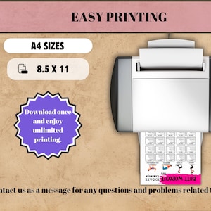 May include: A printer is shown with a printed sheet of paper. The paper has a pink banner that says "BUTT WORKOUT 30 DAYS Challenge". The image also includes text that says "A4 SIZES" and "8.5 X 11".