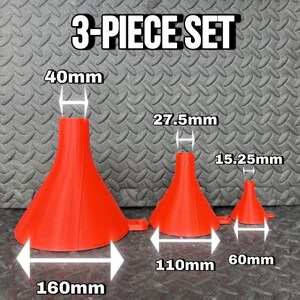 May include: A 3-piece set of red funnels with visible measurements. The largest funnel has a 160mm base and 40mm spout, the medium funnel has a 110mm base and 27.5mm spout, and the smallest funnel has a 60mm base and 15.25mm spout diameter.