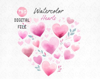 May include: A digital file of watercolor hearts in shades of pink. The hearts are arranged in a heart shape with smaller hearts scattered around the edges. The text "Watercolor Hearts" is written above the hearts.