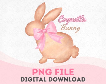 May include: A watercolor illustration of a brown bunny with a pink bow. The text "Coquette Bunny" is written in pink above the bunny. The text "PNG FILE DIGITAL DOWNLOAD" is written in pink and black below the bunny.