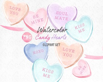Valentines Candy Hearts PNG Clipart Set  Valentines Conversation Candy Hearts , Scrapbooking Watercolor Hearts Clipart bundle