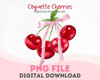 Coquette Cherries with Pink Ribbon Bow Watercolor PNG Digital Download Watercolor Coquette Cherry Ribbon Pink Bow Coquette Aesthetic Soft