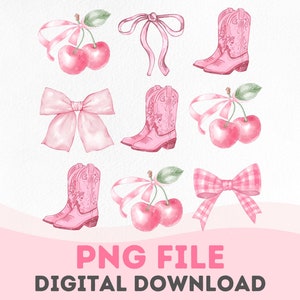 May include: A set of nine pink watercolor illustrations featuring cherries, bows, and cowboy boots. The illustrations are perfect for adding a touch of whimsy to your designs.
