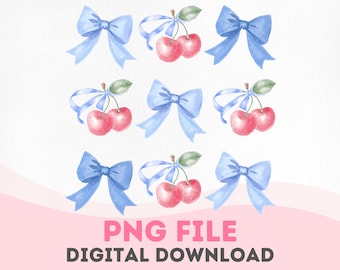 Coquette Cherries with Blue Denim Ribbon Bow PNG Watercolor Cute Coquette Bow Clipart Digital Download Cherries Design PNG Denim Aesthetic