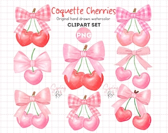 Coquette cerise Png rose ruban noeud aquarelle Clipart Bundle téléchargement numérique cerises Vichy noeud Coquette esthétique cerise damier noeud